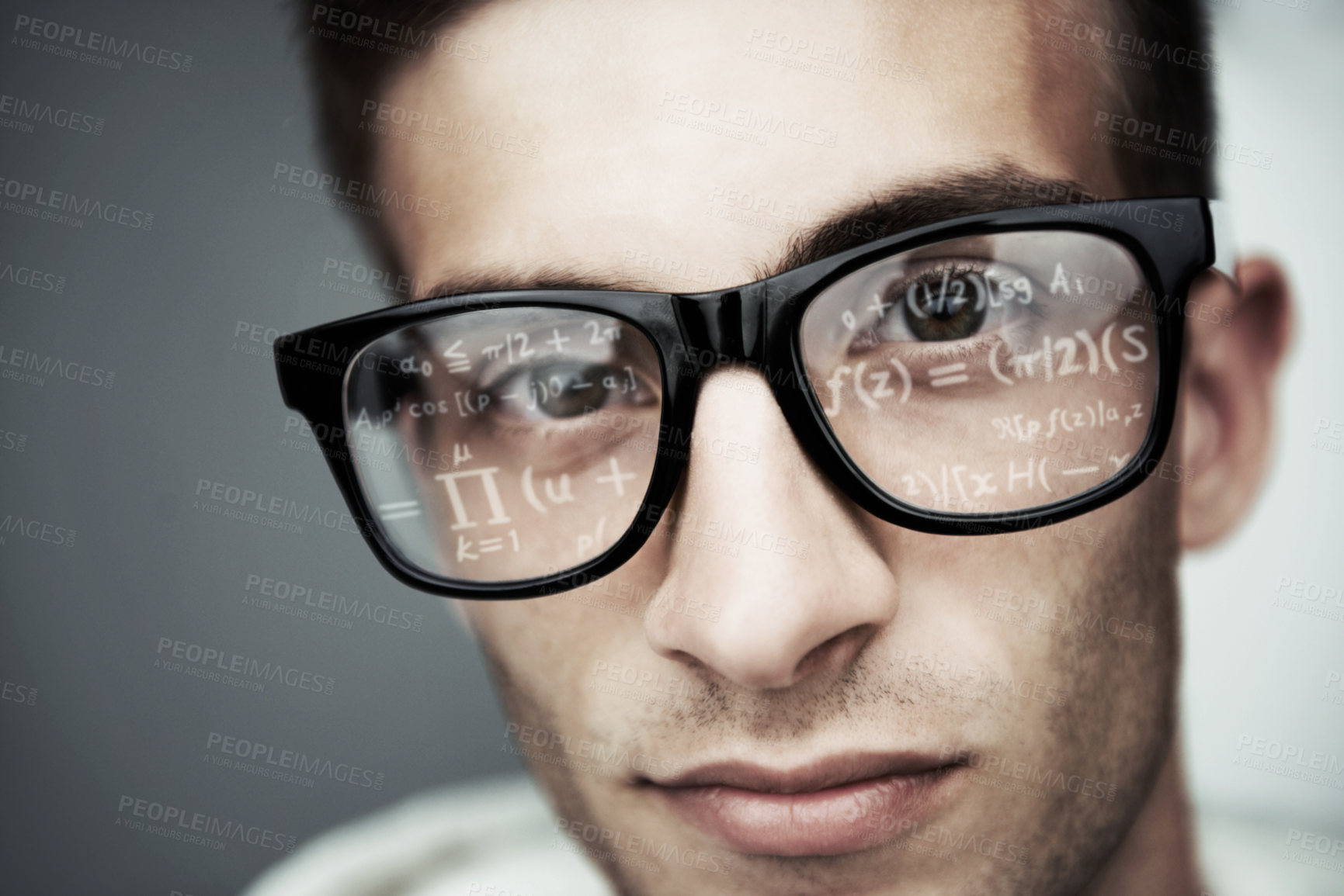 Buy stock photo Portrait, glasses and formula with a man programmer closeup in studio on a gray background for support. Face, eyewear and software development with a young nerd or geek reading coding data or info