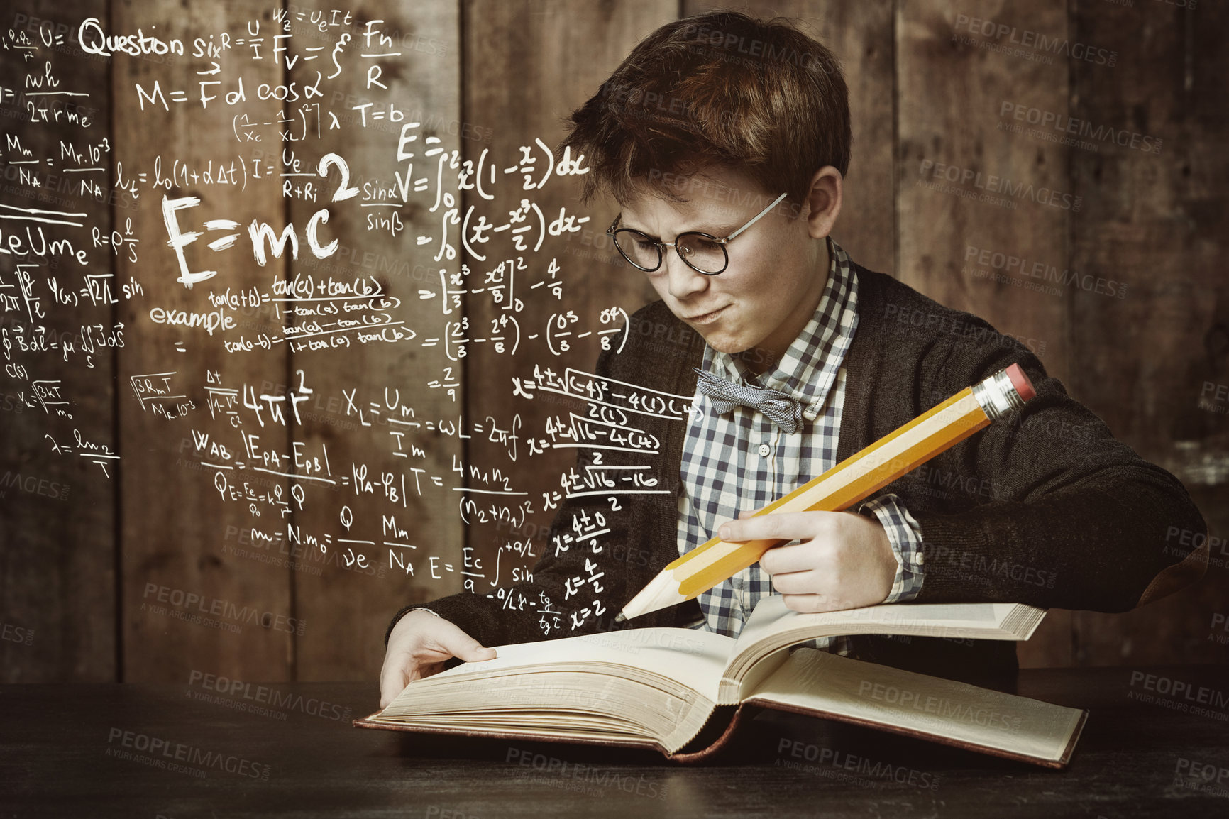 Buy stock photo Thinking, writing and boy child with math homework, overlay and book for school assignment. Education, school and male kid with notebook for studying, learning or brainstorming mathematics solution