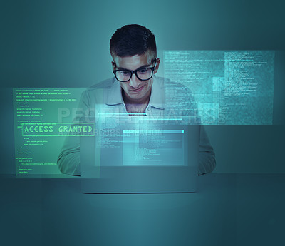 Buy stock photo Laptop, overlay and database with a hacker man in studio on a blue background for cybersecurity or networking. Computer, information technology and cloud computing with a software engineer at work