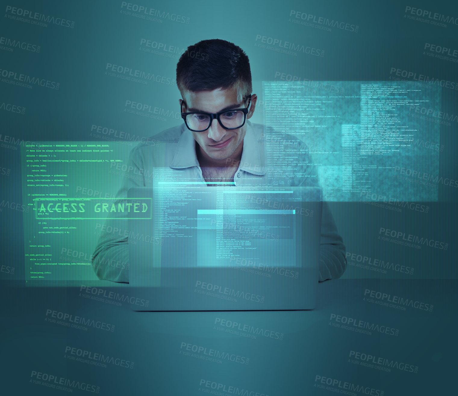 Buy stock photo Laptop, overlay and database with a hacker man in studio on a blue background for cybersecurity or networking. Computer, information technology and cloud computing with a software engineer at work