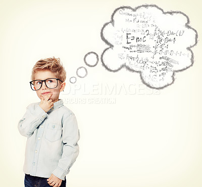 Buy stock photo Child, boy and math for brainstorming and thinking in studio, knowledge and equation for education. Student, kid and contemplating answer or formula, numbers and learn or ideas on yellow background
