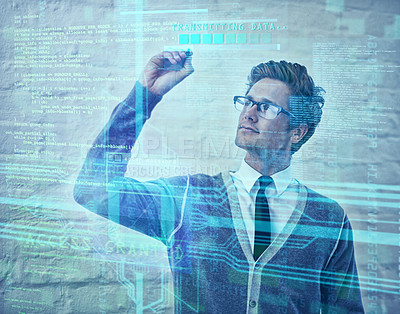 Buy stock photo Man, hologram and writing on screen, big data and software development for stock exchange. Cybersecurity, technology and invest statistics for broker access, cyber database and futuristic server

