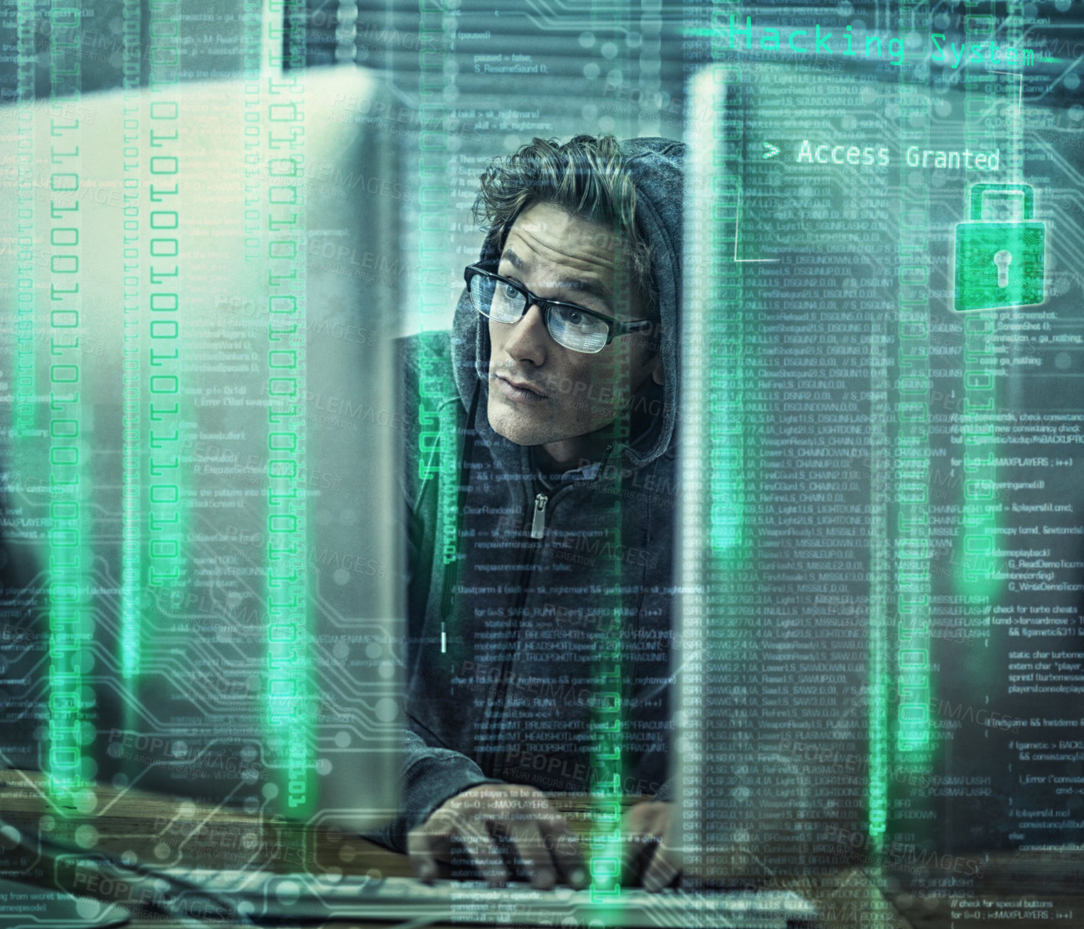 Buy stock photo Man, hacker and coding on computer with hologram for cyber security, malware installation and data phishing. Dark room, double exposure and spy with hacking, scam and internet fraud with virus 