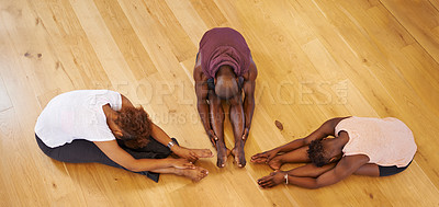 Buy stock photo Above, studio and people stretching legs on floor in class to start dance practice or rehearsal in academy. Students, group and healthy exercise on ground for fitness with pilates or yoga in school