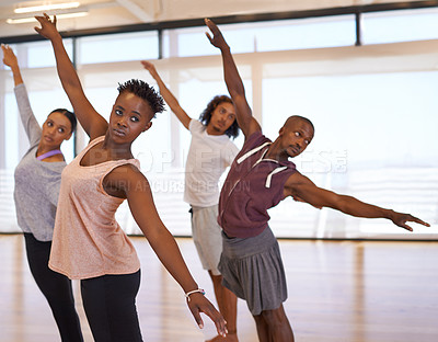 Buy stock photo Group, dancer and people in studio for training with moving, steps and balance for exercise with rhythm. Men, women and dancing together for art, creativity and performance with ballet for workout