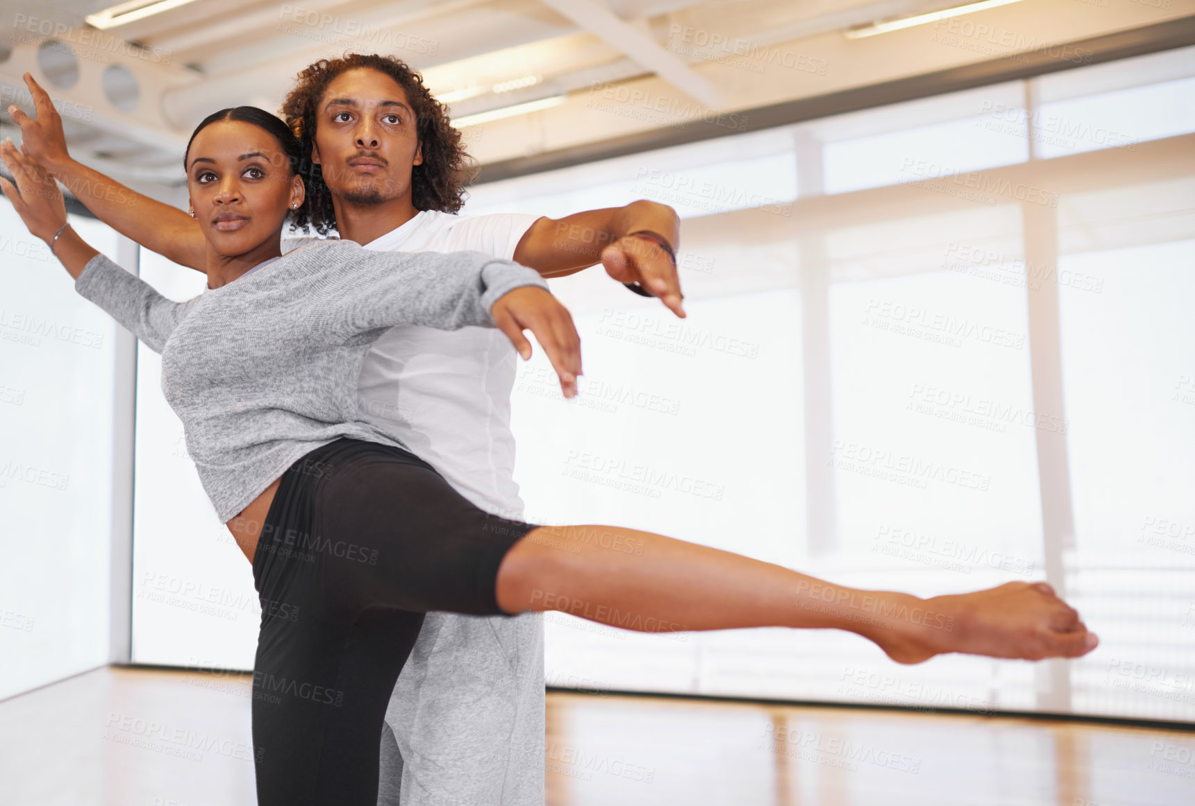 Buy stock photo Woman, man and dancer with partner in studio for performance rehearsal with creative, balance and steps. Ballet, people and dancing with elegance, moving and training with creativity for art in class