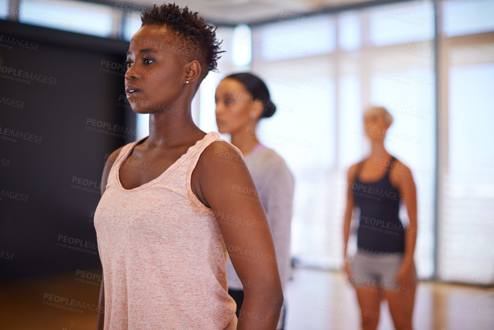 Buy stock photo Dancer, African woman and training in studio with vision for choreography, moving and exercise for art. Girl, person and dancing in class for ballet, performance and workout with idea for creativity