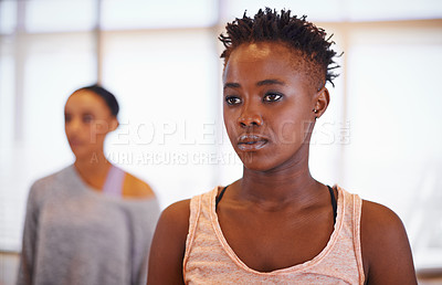 Buy stock photo Dancer, African woman and training in class with vision for choreography, moving and exercise for art. Girl, person and dancing in studio for ballet, performance and workout with idea for creativity