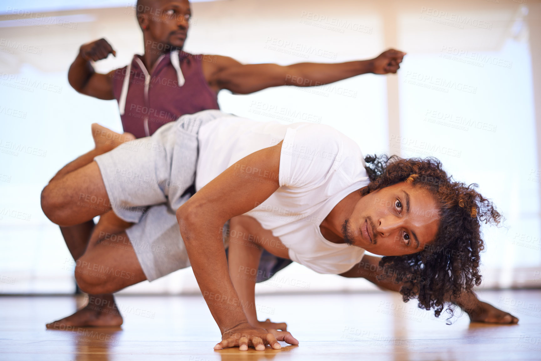 Buy stock photo Men, dance and studio for practice, move and rhythm indoor for active and flexible on floor for fitness. Young people and fit with muscle for breakdance, crew and rehearsal for strength and sport  