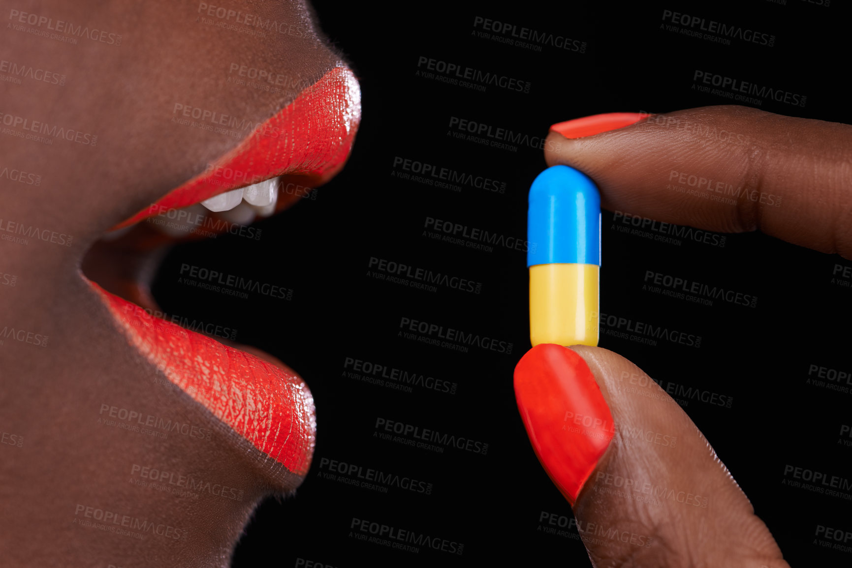 Buy stock photo Woman, lipstick and beauty with pill for health, supplement with nail polish and bright makeup color on black background. Collagen, medicine and tablet for cosmetic care, orange lip balm and manicure