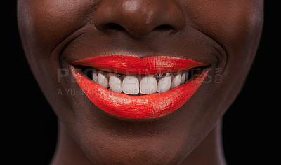Buy stock photo Black woman, lipstick and smile for beauty, cosmetics and bright makeup color on dark background. Bold, vibrant and orange lip balm with happy model, cosmetology and teeth for glamour in studio