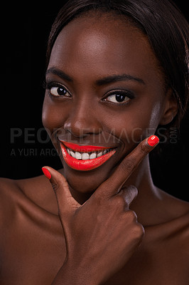 Buy stock photo Black woman, lipstick and nail polish for beauty with smile, cosmetics and bright makeup on dark background. Bold, vibrant and orange lip balm with manicure, cosmetology and  glamour in studio