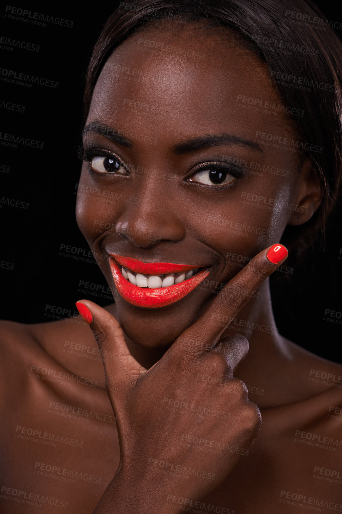 Buy stock photo Black woman, lipstick and nail polish for beauty with smile, cosmetics and bright makeup on dark background. Bold, vibrant and orange lip balm with manicure, cosmetology and  glamour in studio