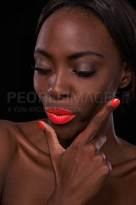 Buy stock photo Black woman, lipstick and nail polish for beauty, cosmetics and bright makeup color on dark background. Bold, vibrant and orange lip balm with manicure, cosmetology and pose for glamour in studio