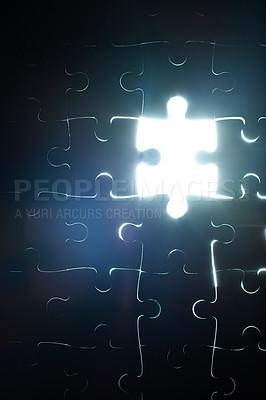 Buy stock photo Abstract, puzzle and piece missing in problem solving and solution to challenge with strategy or planning. Jigsaw, games or shape of idea to glow in light of dark or search for innovation in business