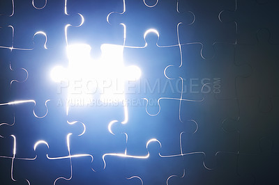 Buy stock photo Puzzle, abstract and piece missing in problem solving and solution to challenge with strategy or planning. Jigsaw, games or shape of idea to glow in light of dark or search for innovation in business