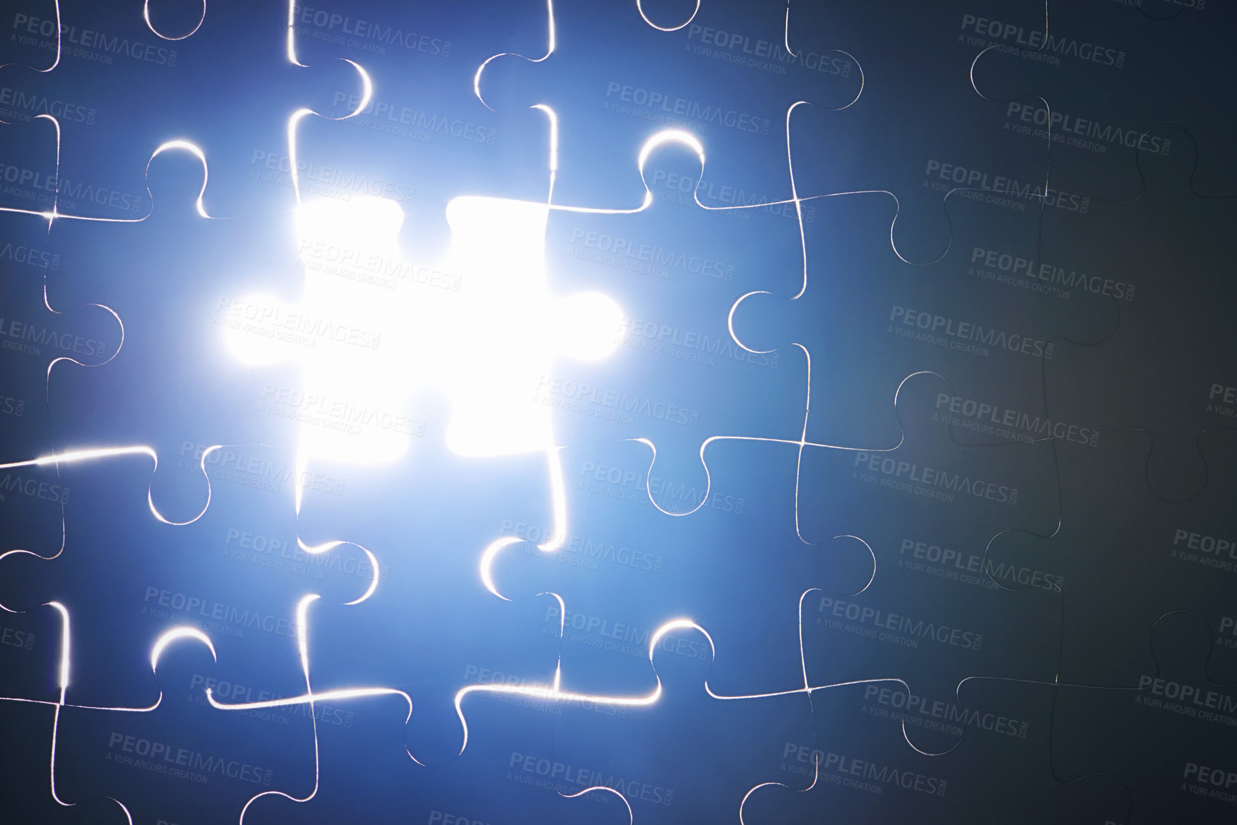 Buy stock photo Puzzle, abstract and piece missing in problem solving and solution to challenge with strategy or planning. Jigsaw, games or shape of idea to glow in light of dark or search for innovation in business
