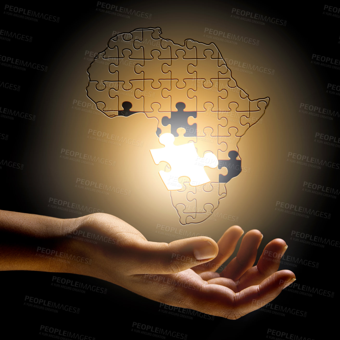 Buy stock photo Closeup, Africa and hand with a puzzle, development and problem solving for growth, future and planning. Zoom, fingers or person with symbol, solidarity and support for global innovation and solution