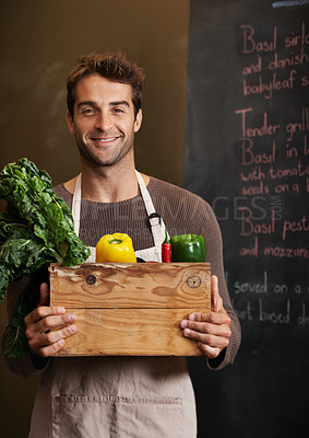 Buy stock photo Chef, vegetable crate and portrait of man in restaurant with vegetables for vegetarian or vegan ingredients. Smile, male cook with box and food from Canada for cooking in kitchen or small business.
