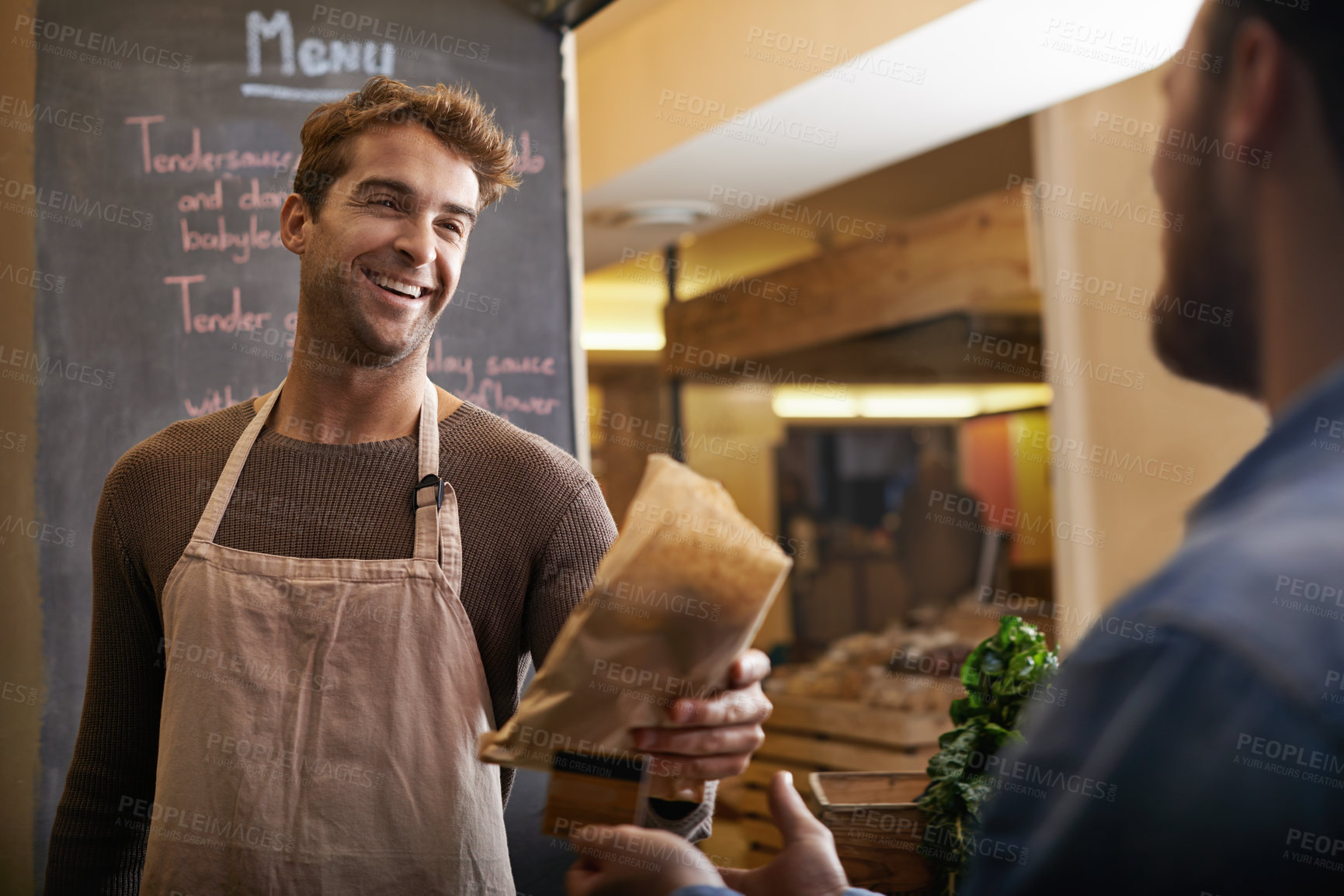 Buy stock photo Man, cafe and customer paying for food or sandwich sale at supermarket or entrepreneur stall. Retail, male store owner or buyer at a restaurant for snack or business owner and shopping experience 
