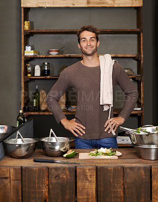 Buy stock photo Chef, man akimbo and portrait in kitchen while making delicious food for healthy diet and nutrition. Cooking, confidence and male cook standing in rustic restaurant or small business in Canada.