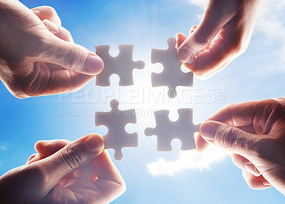Buy stock photo Hands, puzzle or teamwork for problem solving together with support, sunshine or help on sky background. Team building, game or jigsaw strategy for innovation, synergy or solution in collaboration