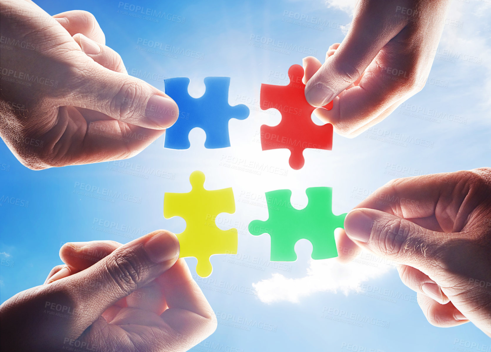 Buy stock photo Hands, people and puzzle for teamwork, sky and problem solving of challenge, synergy and cooperation. Closeup, group and jigsaw of integration, collaboration plan and solution of colorful innovation