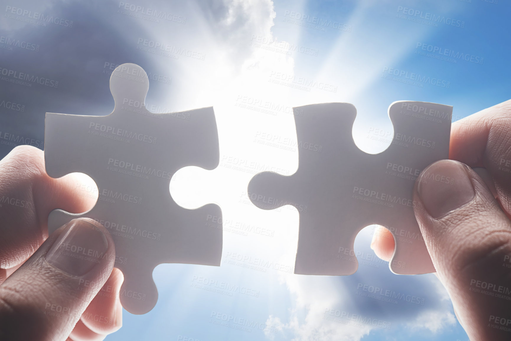 Buy stock photo Hands, puzzle or sunshine for jigsaw problem solving, ideas or connection match with sky background. Zoom, light glow or person with a creative game strategy, innovation or link piece for solution 