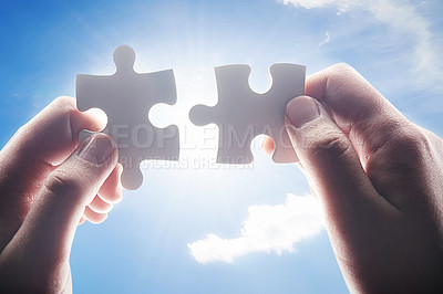 Buy stock photo Hands, puzzle pieces and sky for teamwork, collaboration and connection of people. Partnership, jigsaw or business solutions for strategy concept, community or problem solving support or integration 