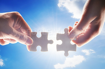 Buy stock photo Puzzle, people hands and blue sky for teamwork, integration and problem solving, collaboration and earth day project. Sustainable, synergy and person or partner with team building, support and below