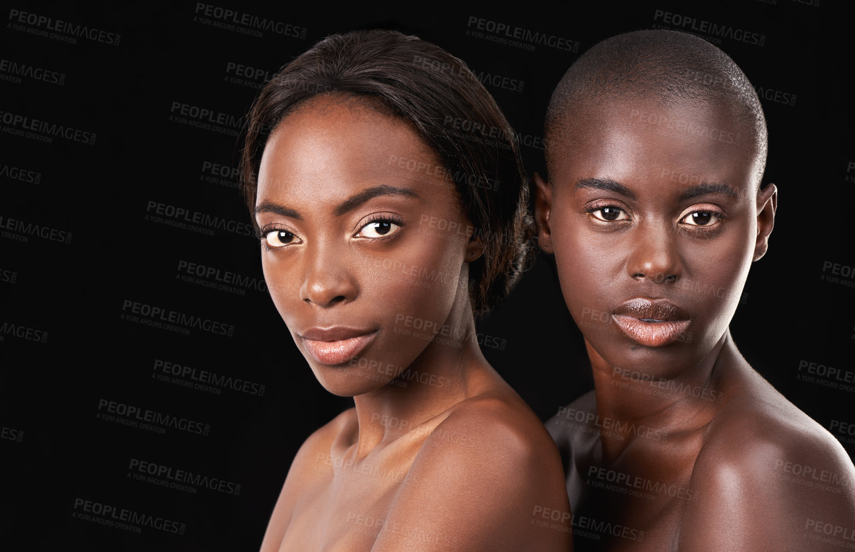 Buy stock photo Studio, skincare and beauty of friends, portrait and confident for cosmetics on black background. Wellness, women or african people for dermatology or facial treatment, mockup space and proud of glow