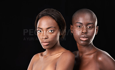 Buy stock photo Studio, skincare and cosmetics for friends, portrait and confident for glow on black background. Wellness, friends and black people for dermatology or facial treatment, mockup space and African shine