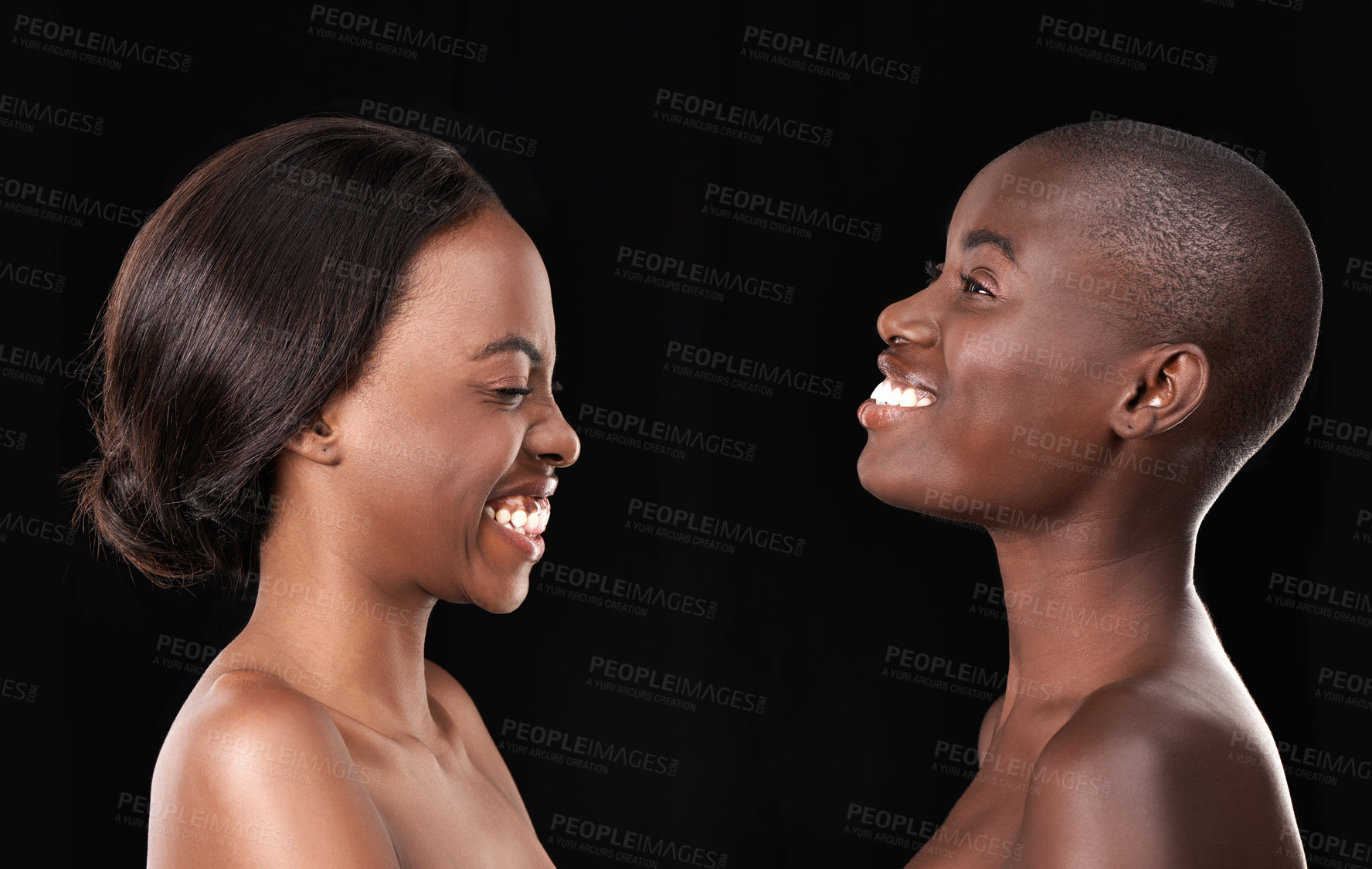 Buy stock photo Studio, skin care and happy friends, cosmetics and satisfaction on black background. African women, friends and together for dermatology or facial treatment, laughing and proud of wellness glow