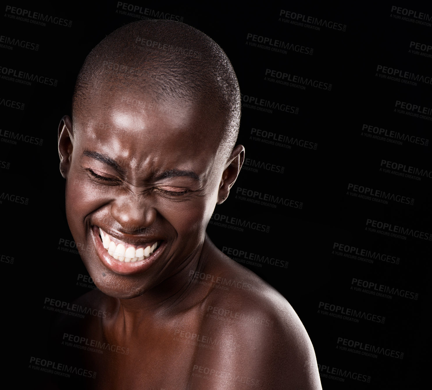 Buy stock photo Studio, skin care and beauty of woman, cosmetics and satisfaction on black background. African female person, smile and happy for dermatology or facial treatment, mockup space and proud of wellness 
