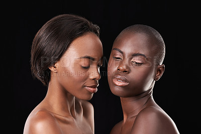 Buy stock photo Studio, skincare and glow of friends, portrait and confident for cosmetics on black background. Wellness, African women and beauty or dermatology or facial treatment, foundation and proud of shine