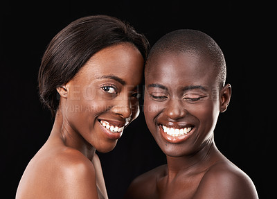 Buy stock photo Studio, skin care and beauty of African women, cosmetics and satisfaction on black background. Sisterhood, friends and together for dermatology or facial treatment, happy and proud of wellness glow 