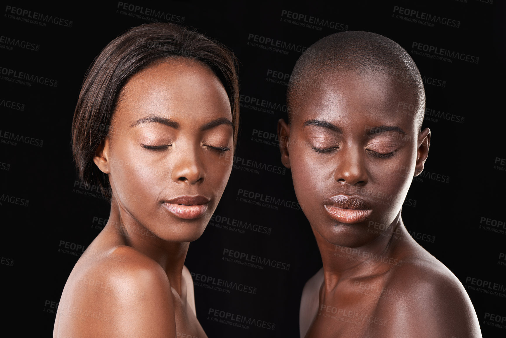 Buy stock photo Studio, skin care and wellness of friends, cosmetics and foundation on black background. Sisterhood, African women and together for dermatology or facial treatment, confidence and proud of glow