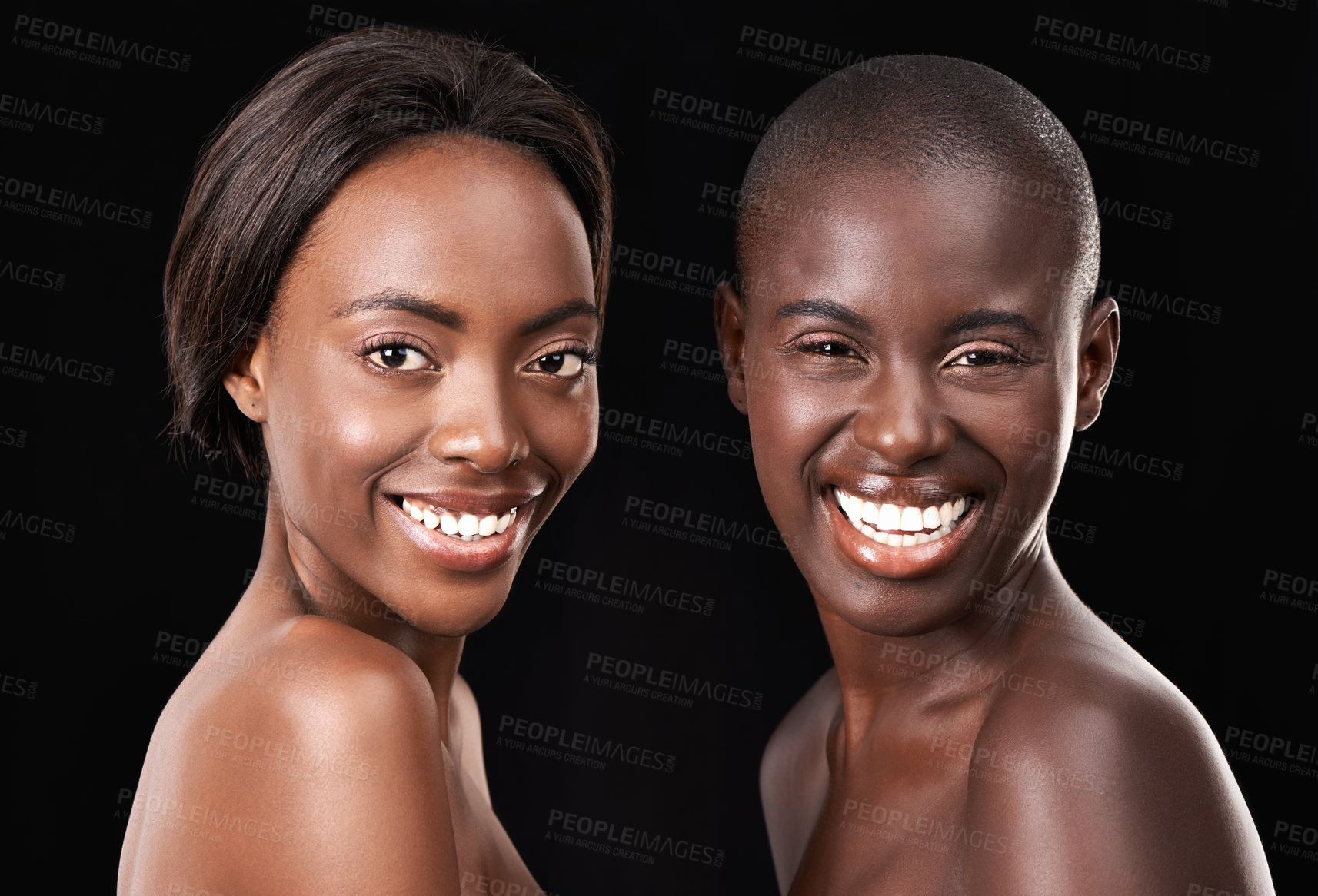 Buy stock photo Studio, skincare and friends in portrait, shine and confident for cosmetics on black background. Wellness, African women and smile for dermatology or facial treatment, satisfaction and proud of glow