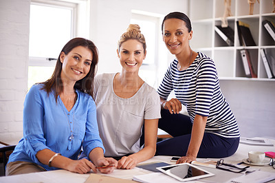 Buy stock photo Teamwork, business and portrait of women for creative startup, collaboration and partnership for career. Professional, company and workers with tablet for project, planning and meeting in office