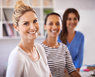 Buy stock photo Collaboration, happy and portrait of business women for creative startup, teamwork and partnership in office. Professional leader, company and workers confident for career, job and working together