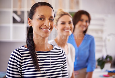 Buy stock photo Collaboration, business and portrait of women for creative startup, teamwork and partnership for career. Professional, company and workers with confidence for project, planning and smile in office