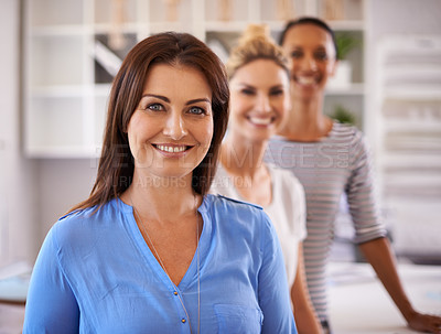 Buy stock photo Teamwork, leader and portrait of business women for creative startup, collaboration and partnership in office. Professional, company and happy workers confident for career, job and working together