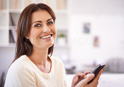Buy stock photo Business, woman or phone with portrait for communication with writing text message, typing email or mobile chat in office. Entrepreneur, employee or smile with smartphone for networking or online app