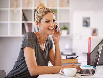 Buy stock photo Business woman, laptop and happy on phone call for office communication, planning and editing support on software. Portrait of writer, editor or advisor talking on mobile and typing of project advice