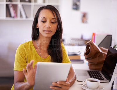 Buy stock photo Office, laptop and business black woman on tablet for website, networking and internet for startup career. Creative agency, online and person with digital tech for planning, research and social media