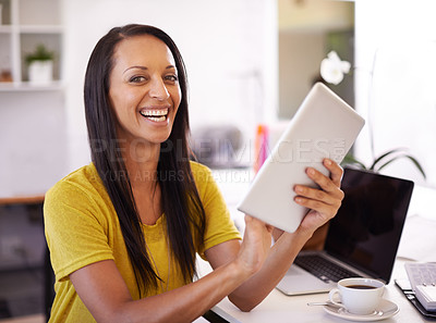 Buy stock photo Office, business and portrait of happy woman on tablet for website, networking and internet for startup career. Creative agency, laptop and person with digital tech for planning, research and online