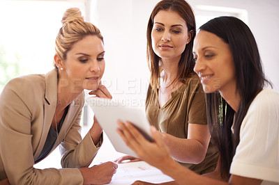 Buy stock photo Teamwork, tablet and business women in office for collaboration, online project or planning. Creative agency, startup company and workers in meeting on digital tech for research, feedback or internet