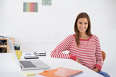 Buy stock photo Palette, laptop and portrait of business woman with color for planning, ideas and interior design. Creative startup, professional office and person on computer for project, pattern and swatches