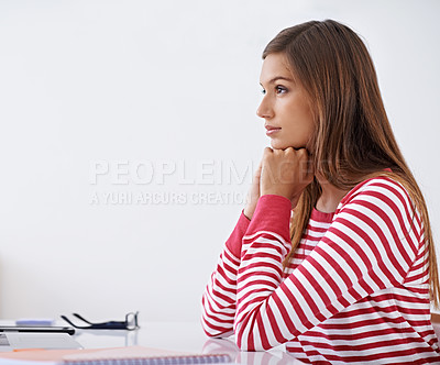 Buy stock photo Profile, business and thinking with woman, planning and mockup space with decision and startup. Person, modern office or employee with ideas or choice with opportunity and brainstorming for a project