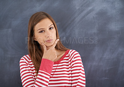 Buy stock photo Woman, teacher and thinking in portrait by blackboard, education and contemplating school curriculum. Female person, ideas and problem solving in classroom, knowledge and planning for lesson at work